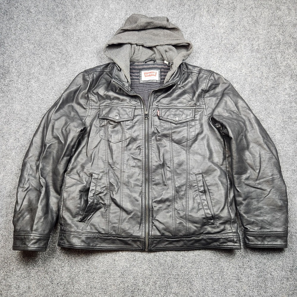 Levis Jacket Mens Large Black Faux Leather Hooded Motorcycle Lined‎ LM6JU473